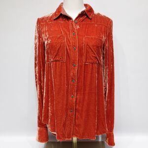Holding Horses Anthropologie Burnt Orange Crushed Velvet Western Button Shirt XS